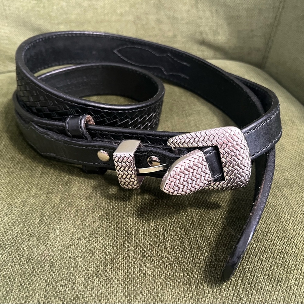 Bullhide Belts Black Leather Belt Hand Made USA Silver Tone Western